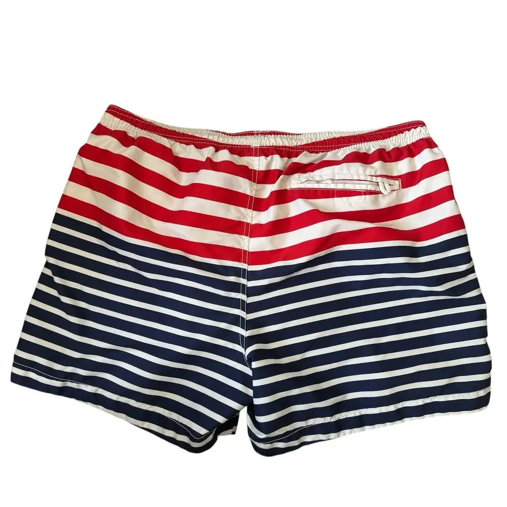 H&M Patriotic Stripe Swim Shorts Sz Large Mens Mesh Lined Pockets Flag Red Blue